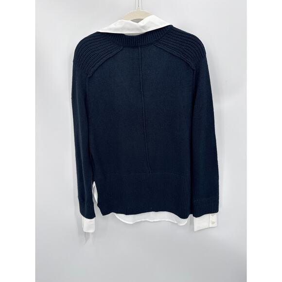 French Connection Layered V-Neck Mixed Media Sweater Navy and White Size S NWT - Picture 4 of 8